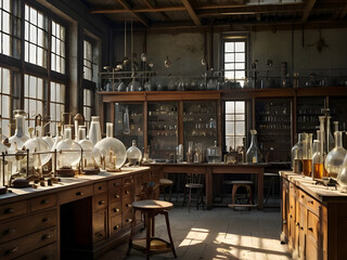 Vintage lab with antique glassware and instruments