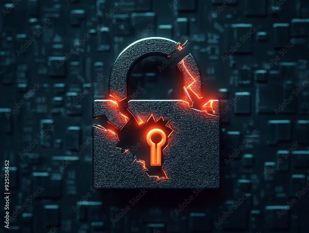 Poster a futuristic broken padlock with glowing edges symbolizes digital security and the importance of pro