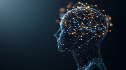 A futuristic representation of a human head filled with interconnected nodes, symbolizing artificial intelligence and technology.