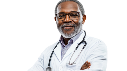 Portrait of a senior African American male doctor on transparent background