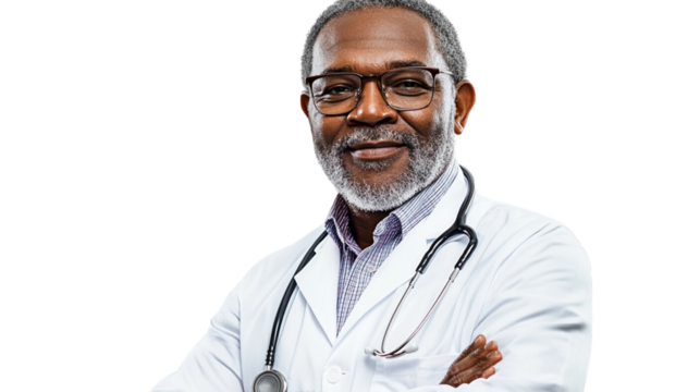 Portrait of a senior African American male doctor on transparent background - Powered by Adobe