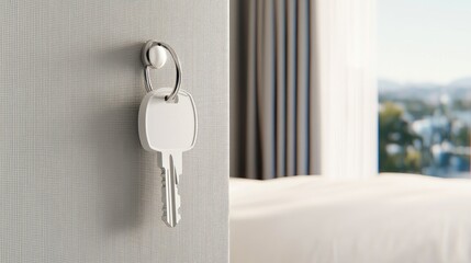 Elegant white key mounted on a wall overlooking a soft-toned modern apartment with stairway and light flooding through the window