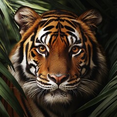 Obraz premium Close-up Photography of Tiger Face with Tropical Leaves