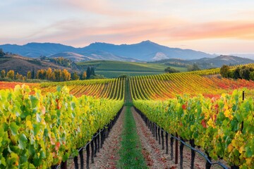 Naklejka premium Vibrant Vineyard at Sunset with Rolling Hills and Colorful Autumn Leaves.