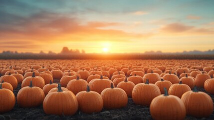 Obraz premium Sunset Over a Vast Pumpkin Field in Autumn.
