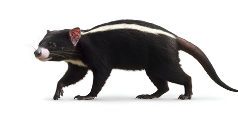 Realistic Striped Polecat, African Striped Predator, Curious Bushy-Tailed Polecat, Wild African Polecat Exploration, Black and White Wilderness Creature
