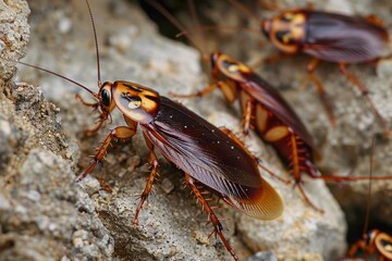 Australian cockroaches crawling on rocks in a close up image
