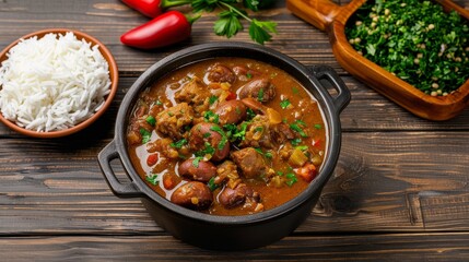 A hearty stew with meat, beans, and rice, garnished with parsley and served in a rustic bowl on a wooden table.