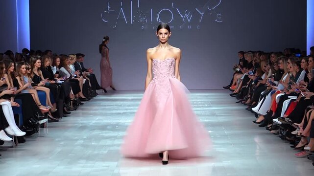 Model Showcasing Pink Prom Dresses on Stage at a Fashion Show Generative AI