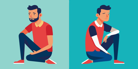 Set of character man in two poses. The guy is sitting and he leaning on the wall. Vector illustration
