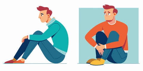 Set of character man in two poses. The guy is sitting and he leaning on the wall. Vector illustration
