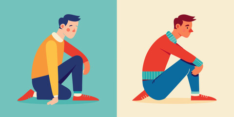 Set of character man in two poses. The guy is sitting and he leaning on the wall. Vector illustration
