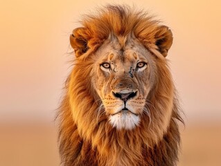 Fototapeta premium A majestic lion with a thick mane stares intently at the camera, its golden eyes piercing the viewer. The lion's powerful presence is evident in its regal posture.