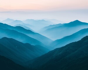 Obraz premium A majestic view of rolling blue mountains shrouded in mist, creating a tranquil and serene atmosphere.