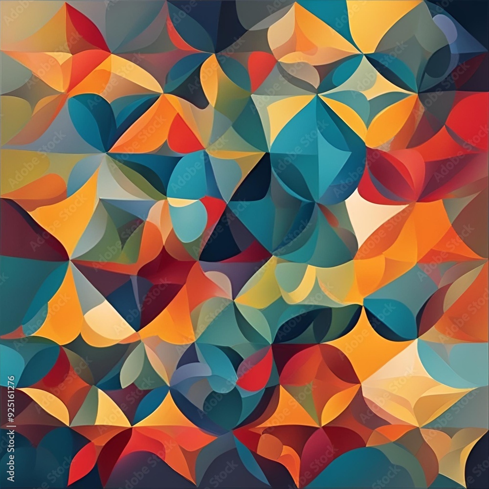 Poster a vibrant, abstract geometric pattern with overlapping curved shapes in warm and cool tones, creatin
