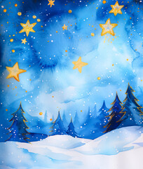 Fototapeta premium Snow covered trees on a clear night With bright shining stars. Starry Christmas night in blue, ultramarine and yellow gold colours. Majestic celebration of holiday season in winter wonderland 