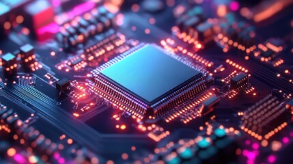 Obraz premium Close-up of a Computer Chip with Glowing Circuits