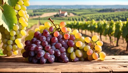 Obraz premium Bunch of grapes and vine leaf in basket on wooden table against green spring background