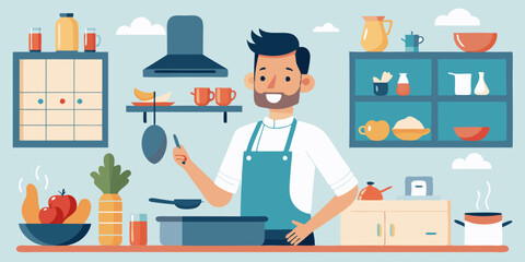 Happy man in the process of preparing a dish. Cooking as a routine or hobby. The cook is in the kitchen. Vector illustration
