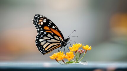 Obraz premium A monarch butterfly with black, orange, and white wings rests on yellow flowers. The blurred background creates a soft, ethereal feel.