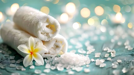 Aromatherapy flower accessories zen therapy white health spa background towel aroma beautiful setting with table salt