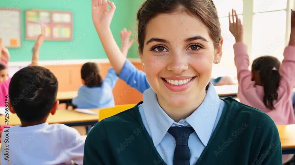 Poster smiling teacher engaging with elementary students in classroom generative ai