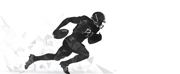 Obraz premium A football player in a black uniform and helmet runs with a ball in his hands, against a white background with geometric shapes.