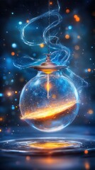 Libra as an ancient artifact floating in zero gravity, glowing with cosmic energy