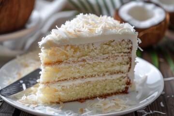 Coconut cake slice with white frosting and coconut flakes on white plate with coconut in background