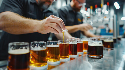 Brewmaster conducting a quality control test, analyzing the color, aroma, and taste of a freshly brewed batch