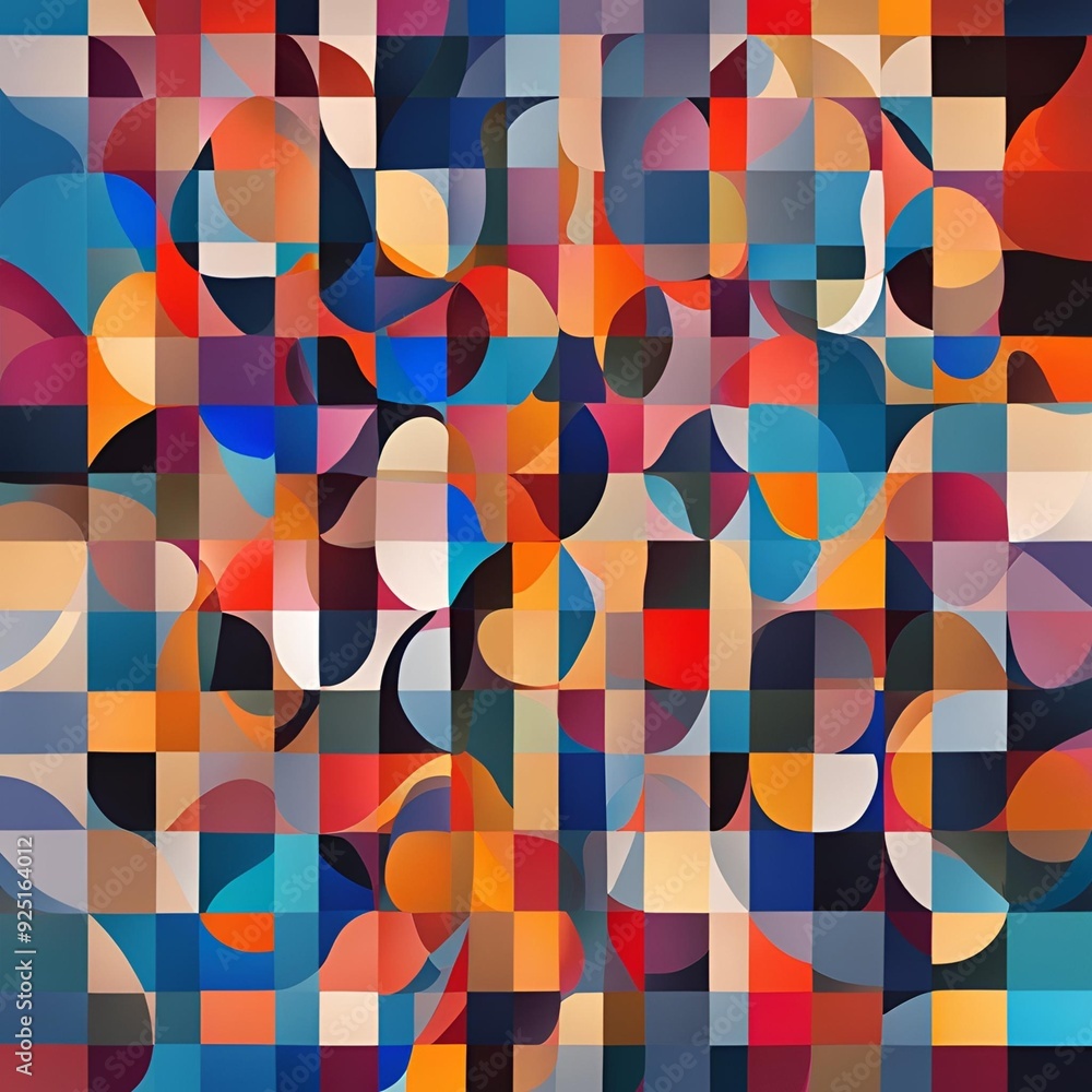 Poster a vibrant abstract artwork with overlapping geometric shapes and vivid colors, creating a dynamic an