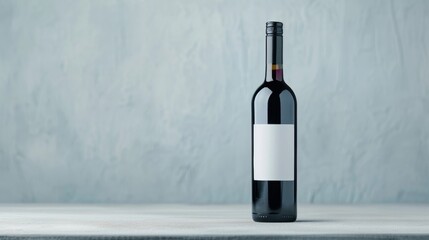 A bottle of red wine is on a table next to a white vase with red berries