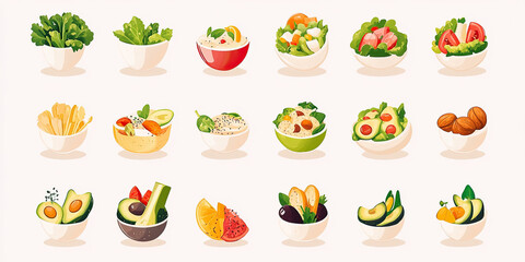 A set of healthy food icons, featuring salad, avocado