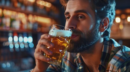 A young man takes a moment to savor his cold beer, surrounded by the buzz of a lively bar and soft lighting that enhances the atmosphere