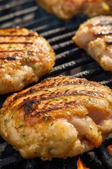Juicy Grilled Chicken Breasts Sizzling on Open Flame Barbecue Grill