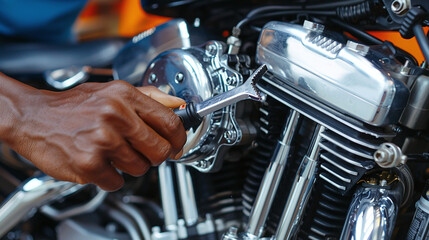 Fototapeta premium Close-up of a motorcycle engine being fine-tuned by a mechanic