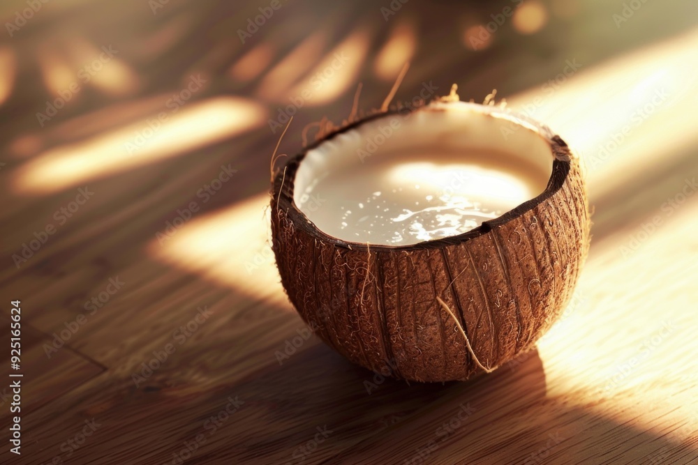 Poster Coconut is cracked open, revealing the refreshing coconut water inside