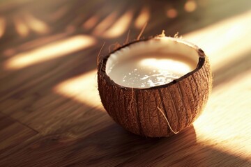 Fototapeta premium Coconut is cracked open, revealing the refreshing coconut water inside