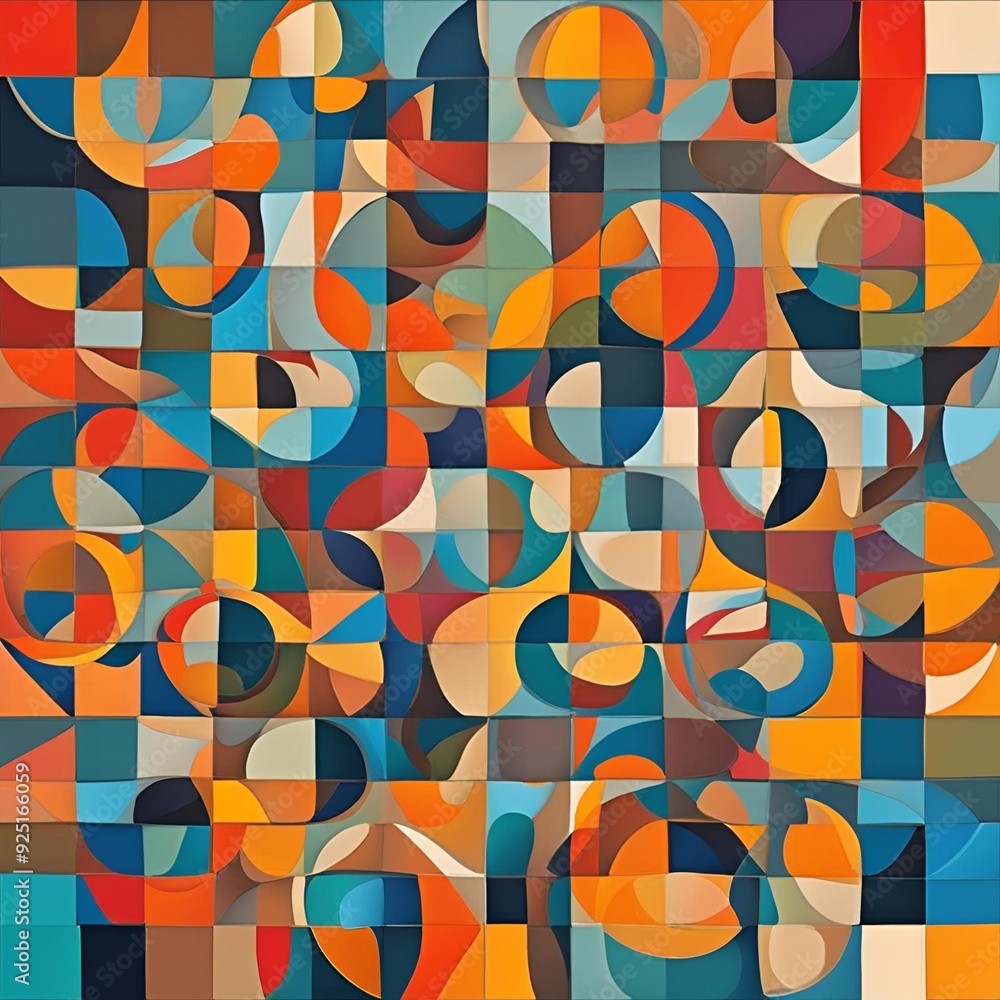 Poster a vibrant geometric abstract design featuring overlapping circular and rectangular shapes in warm an
