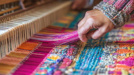 Detail of a hand weaving loom with colorful fabric being crafted by a skilled weaver