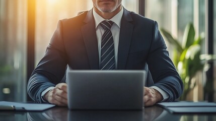 A chief executive in a tailored suit, seated at a sleek desk with a laptop and documents, showcasing professionalism and focus