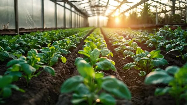 Rows of young spinach plants flourish in a greenhouse as the sun sets, casting a warm glow over the vibrant green leaves.