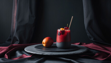Drink with fruit in dark and moody still life scene with dark plate and background