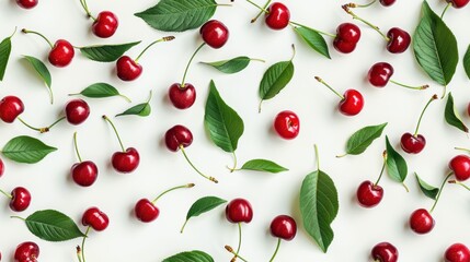 Seamless pattern of glossy red ripe cherries on a white background. Vibrant and fresh fruit design with a realistic texture.
