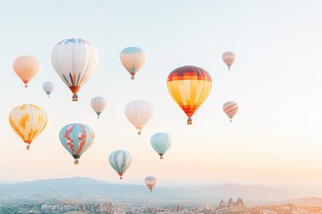 Obraz premium Colorful hot air balloons floating over a scenic landscape at sunrise, creating a serene and vibrant atmosphere.