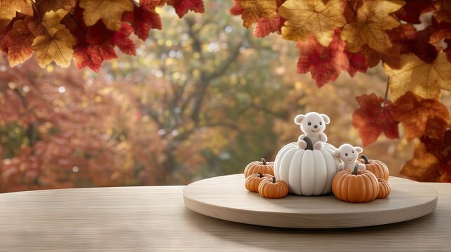 Charming autumn display with pumpkins and playful bears amidst a colorful fall background