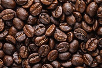Close up view of numerous roasted coffee beans creating a rich and aromatic background
