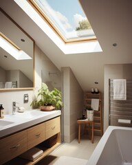 Modern bathroom with skylights and greenery, featuring minimalistic design and natural light