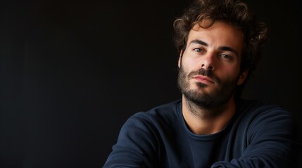 Naklejka premium A man with a relaxed and thoughtful expression poses against a dark background, gazing directly into the camera, creating a contemplative mood.
