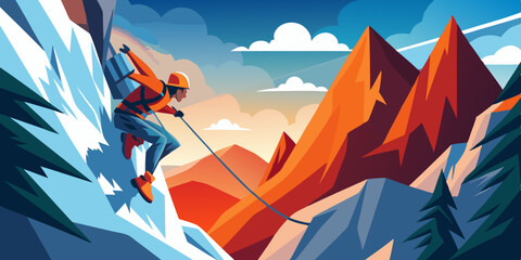 Rock climbing. A male climber climbs a steep cliff against a mountain landscape. Extreme sport
